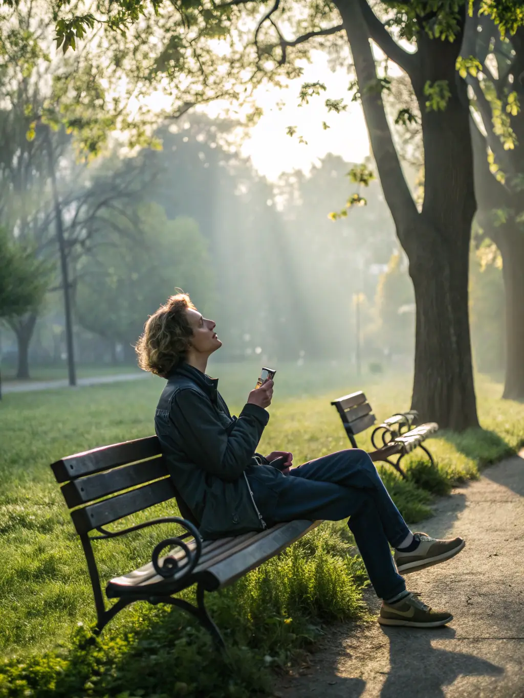 A person looking calmly at a screen, surrounded by peaceful nature, representing focus and serenity amidst technology.