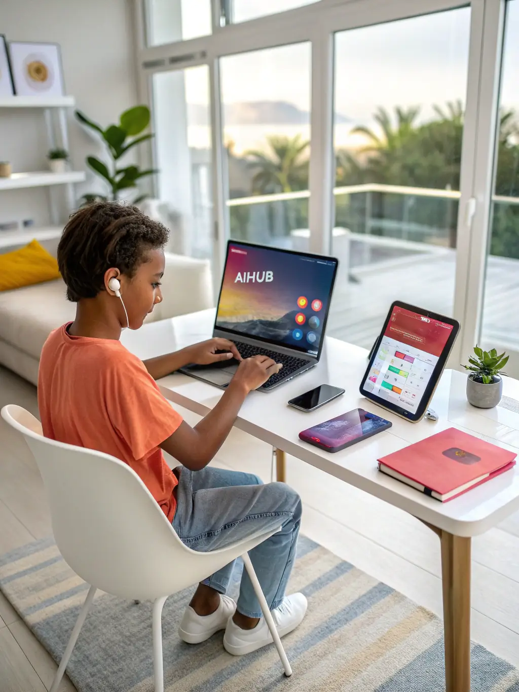 An individual confidently managing multiple devices, symbolizing control and efficiency in a digital environment.