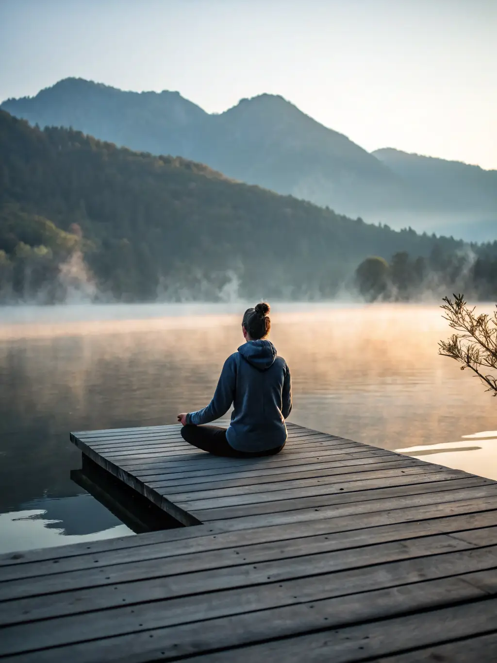 A person meditating in a serene environment, eyes closed, with a faint digital overlay representing technology fading into the background, symbolizing the transformation of distraction into focus.