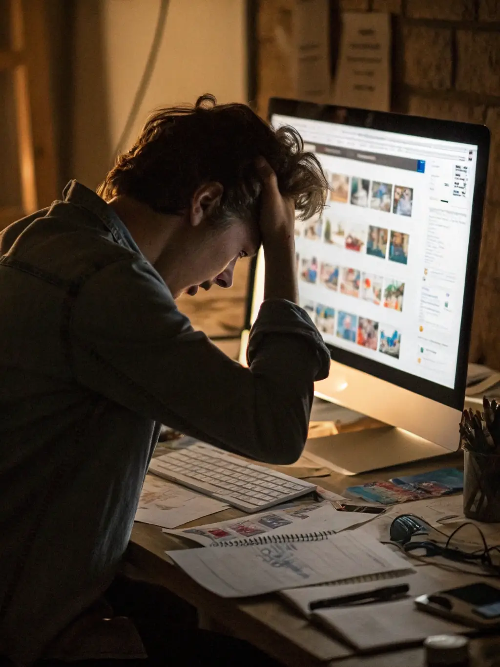 A person looking overwhelmed by multiple screens and notifications, then transitioning to a single, focused task on one screen, representing the transformation of overload into advantage.